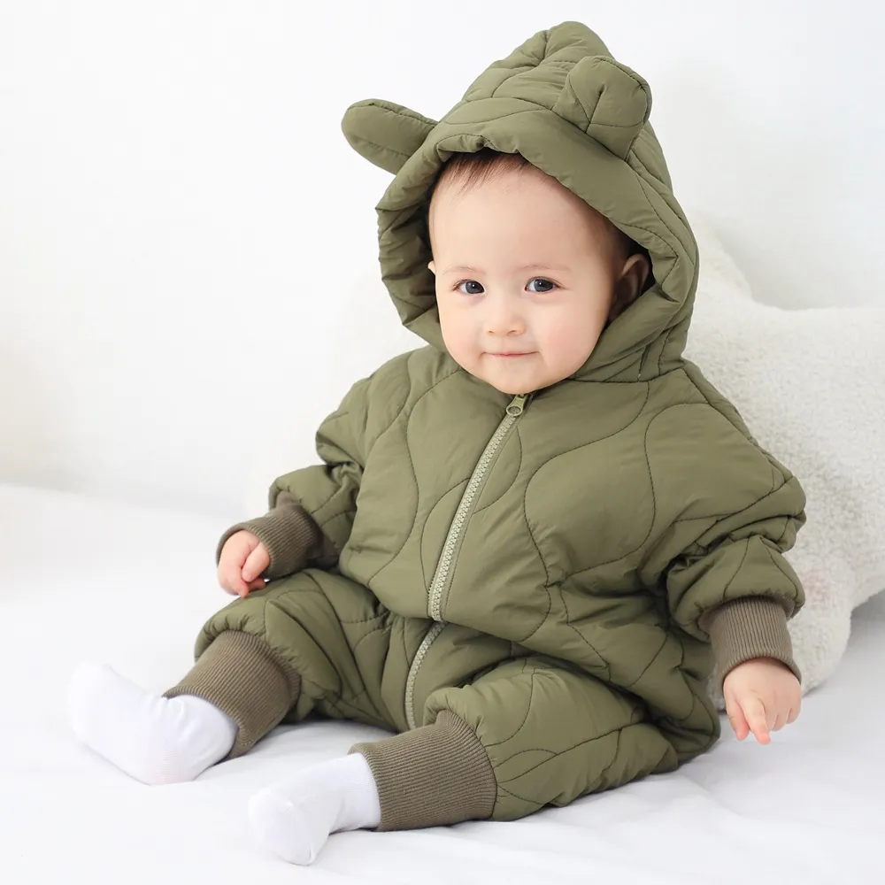 Baby Boys Solid Color Hooded Rompers with Zipper Closure