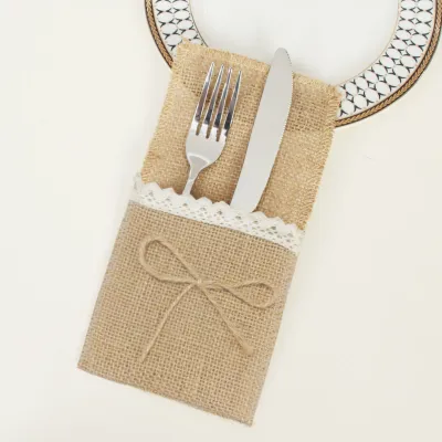 Christmas Holiday Knife and Fork Set Linen Lace Tableware Bag