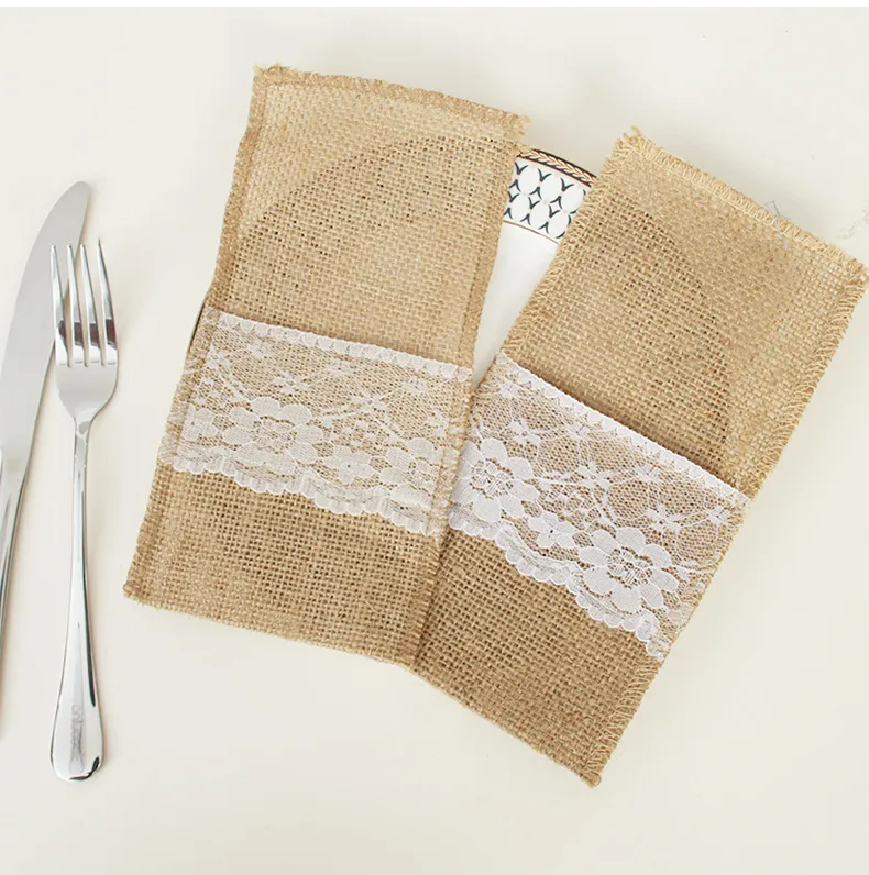 Christmas Holiday Knife and Fork Set Linen Lace Tableware Bag