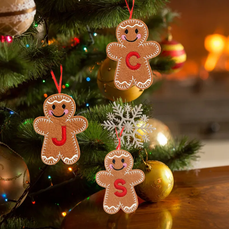 Christmas Embroidered Letters Gingerbread Man Hanging Ornaments for Tree