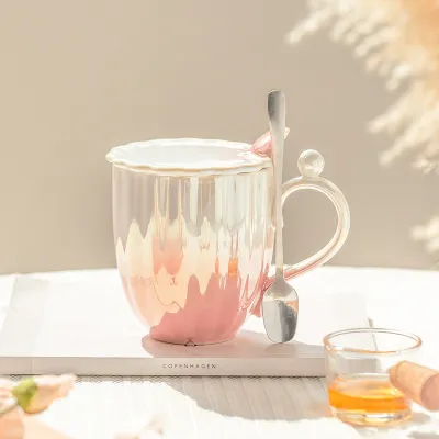 Women Fashion Gradient Ceramic Mug with Lid and Spoon