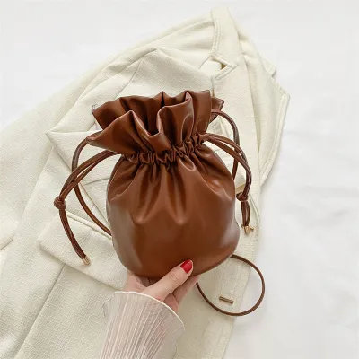Women Fashion Casual Solid Color Drawstring Bucket Crossbody Bag