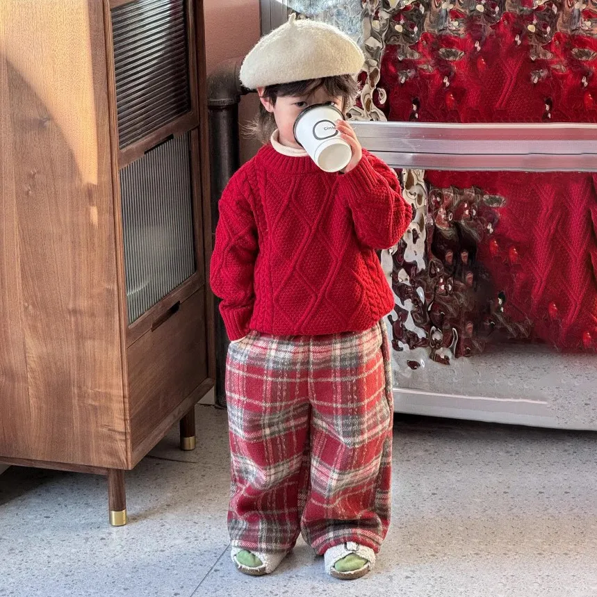Girls' Autumn Winter Red Long-Sleeve Sweater Plaid Pants Two-Piece Set Rabbit Hair