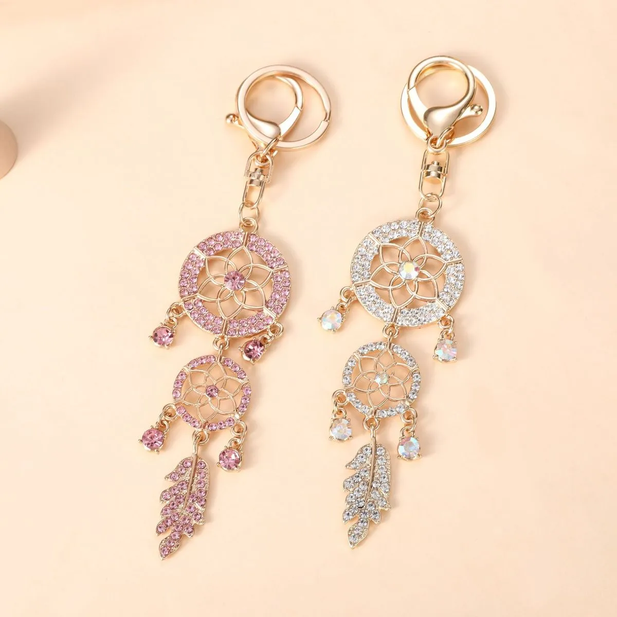 Women Fashion Rhinestone Dream Catcher Hollow Feather Keychain