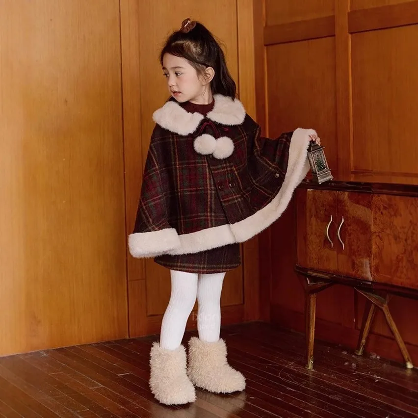 Girl's Christmas Plaid Woolen Quilted Lapel Skirt Two-Piece Set Long Sleeve