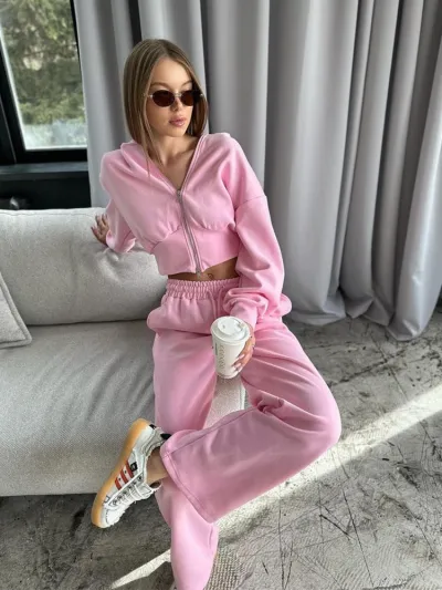 Autumn Athleisure Women Long-Sleeved Zipper Hoodie Solid Color Lace-Up Pants Two-Piece Set