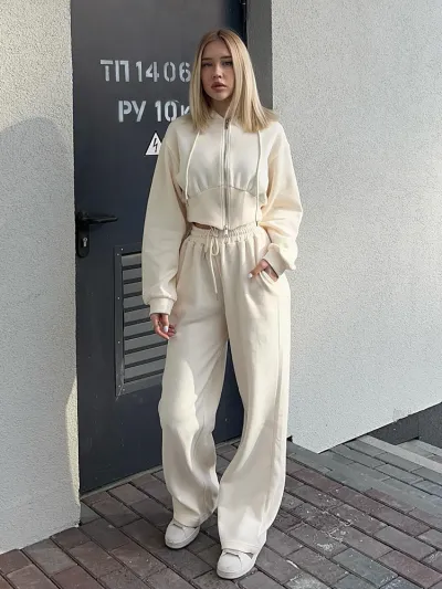 Autumn Athleisure Women Long-Sleeved Zipper Hoodie Solid Color Lace-Up Pants Two-Piece Set