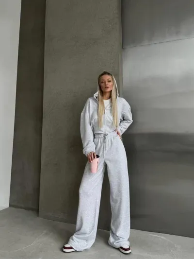 Autumn Athleisure Women Long-Sleeved Zipper Hoodie Solid Color Lace-Up Pants Two-Piece Set