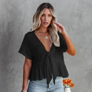 Women's Casual Cotton Blend Ruffled V-Neck Short-Sleeve Loose Blouse