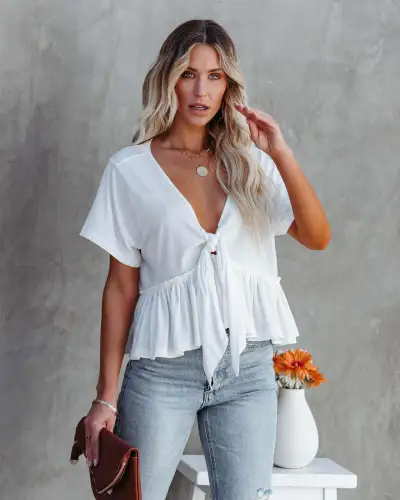 Women's Casual Cotton Blend Ruffled V-Neck Short-Sleeve Loose Blouse