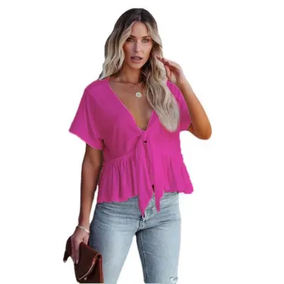 Women's Casual Cotton Blend Ruffled V-Neck Short-Sleeve Loose Blouse