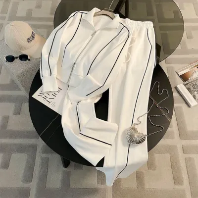 Autumn Fashion Athleisure Women Zipper Sweatshirt Wide-Leg Pants Two-Piece Set