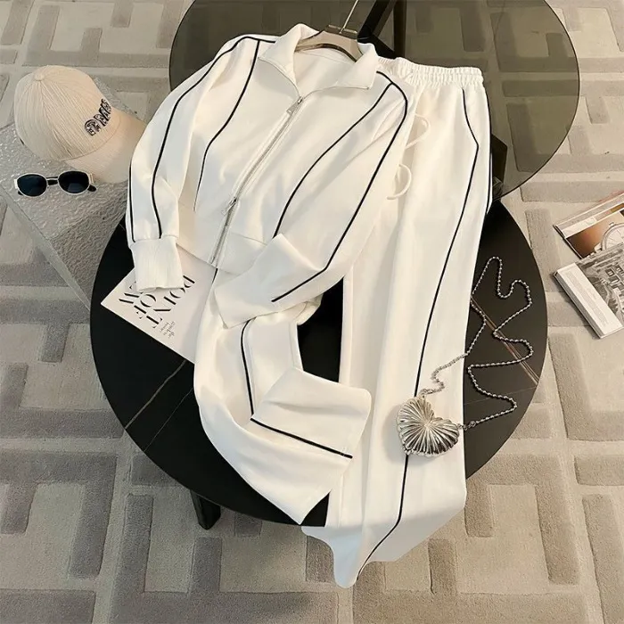 Autumn Fashion Athleisure Women Zipper Sweatshirt Wide-Leg Pants Two-Piece Set