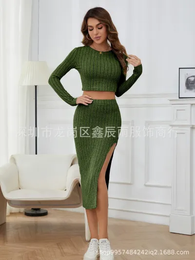Women Autumn Winter Solid Color Casual Slim Round Neck Long Sleeve Top Side-Slit Skirt Set