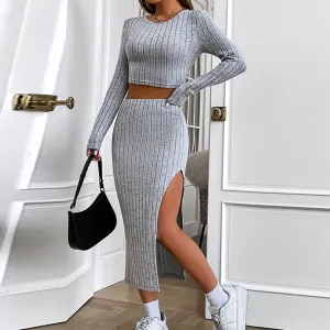 Women Autumn Winter Solid Color Casual Slim Round Neck Long Sleeve Top Side-Slit Skirt Set