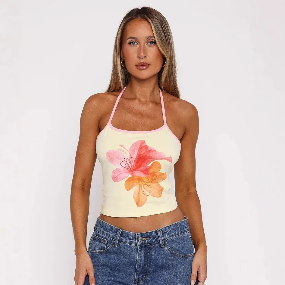 Women Fashion Sexy Floral Printed Halter-Neck Lace-Up Crop Top