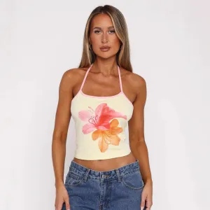 Women Fashion Sexy Floral Printed Halter-Neck Lace-Up Crop Top