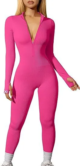 Women Solid Color Long Sleeve Front Zipper Sport Jumpsuits
