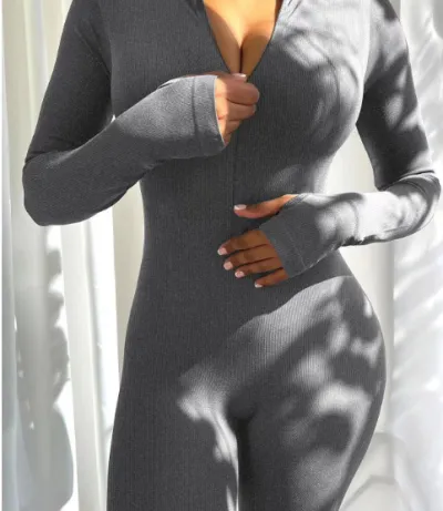 Women Solid Color Long Sleeve Front Zipper Sport Jumpsuits