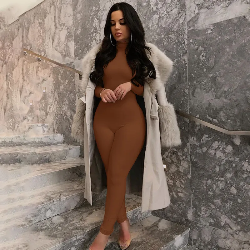Women Autumn Winter Solid Color Tight Long Sleeve Commuter Wind Jumpsuits