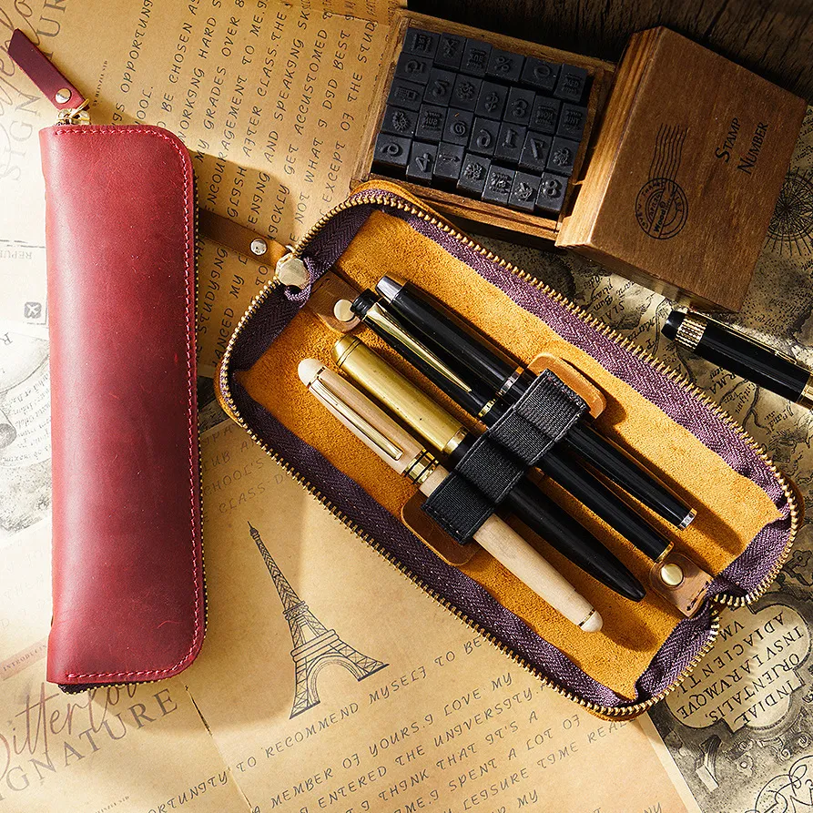 Simple Solid Color Top Layer Cowhide Zipper Pencil Case Storage