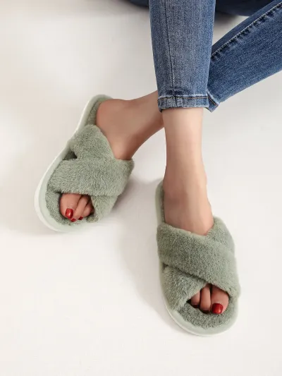 Autumn Winter Women Fashion Solid Color Open Toe Plush Slippers