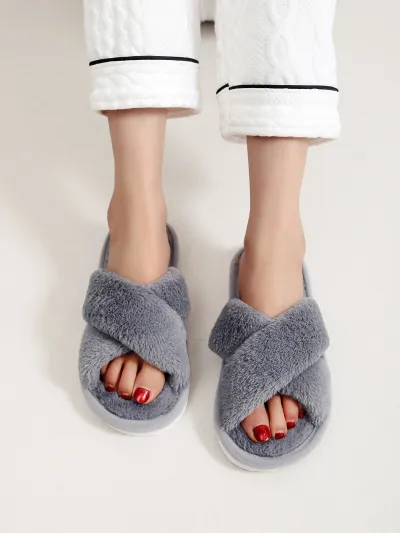 Autumn Winter Women Fashion Solid Color Open Toe Plush Slippers