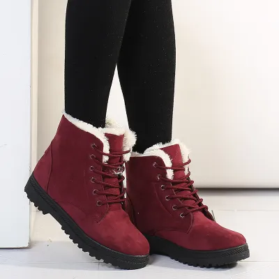 Women's Winter Solid Color Suede Lace-Up Snow Boots Flat Heel