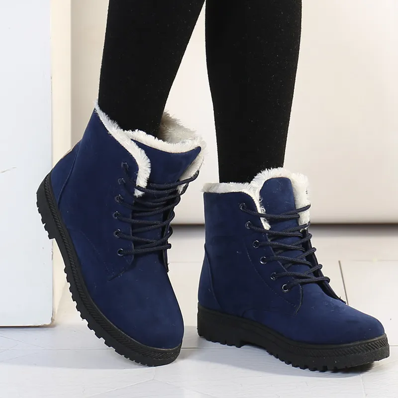 Women's Winter Solid Color Suede Lace-Up Snow Boots Flat Heel