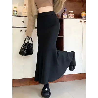 Autumn Winter Women Solid Color Fishtail Knit High Waist Skirt