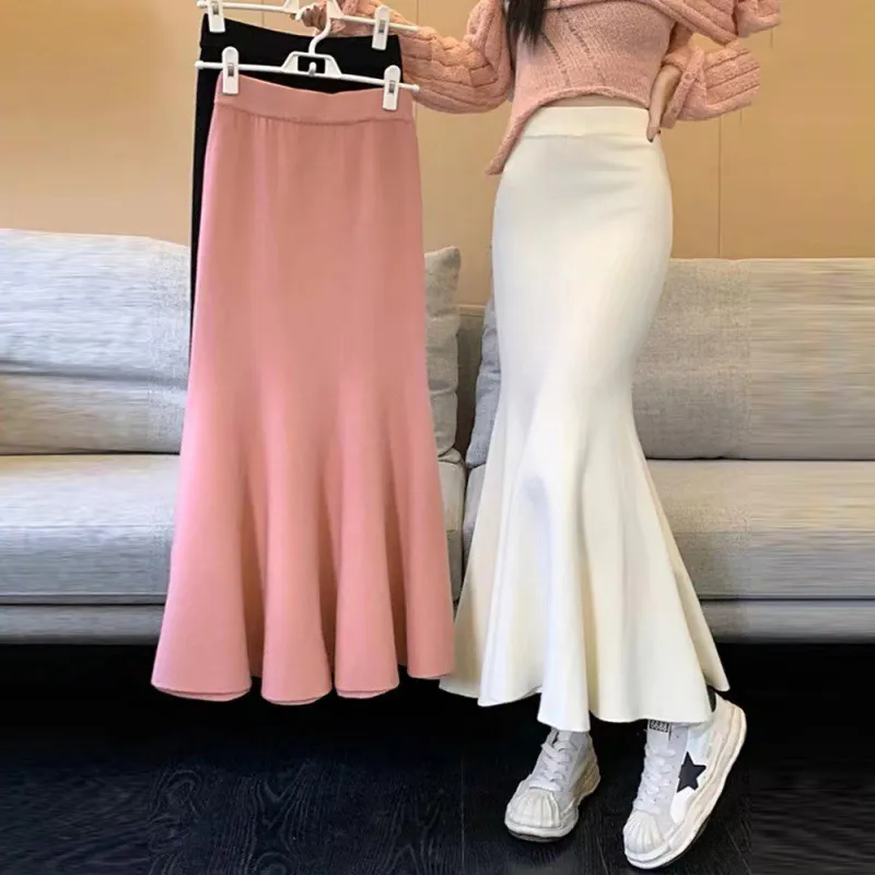 Autumn Winter Women Solid Color Fishtail Knit High Waist Skirt