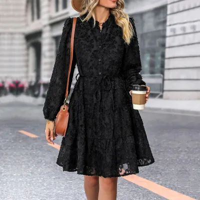 Women Elegant Solid Color Lace Long Sleeve Lace-Up Loose Dress