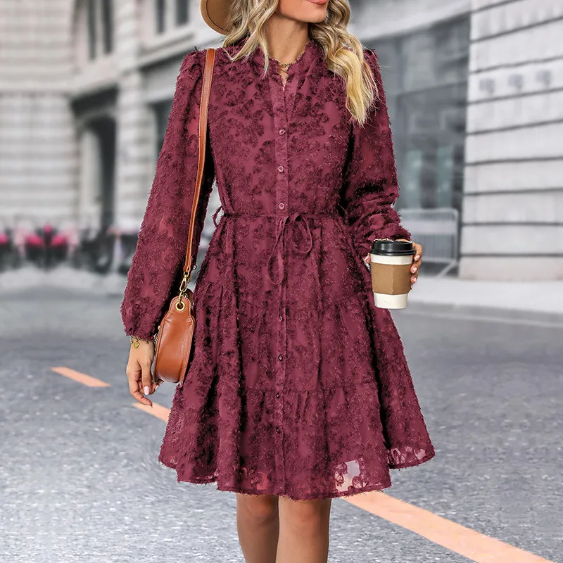 Women Elegant Solid Color Lace Long Sleeve Lace-Up Loose Dress