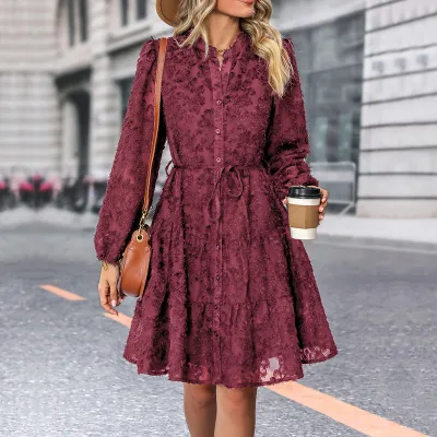 Women Elegant Solid Color Lace Long Sleeve Lace-Up Loose Dress
