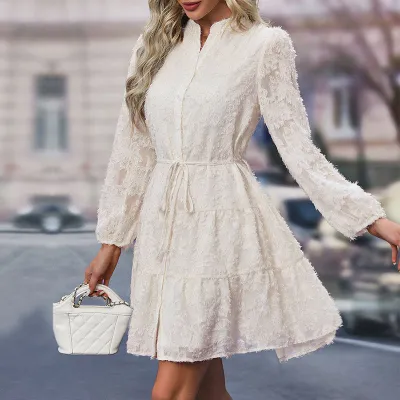 Women Elegant Solid Color Lace Long Sleeve Lace-Up Loose Dress