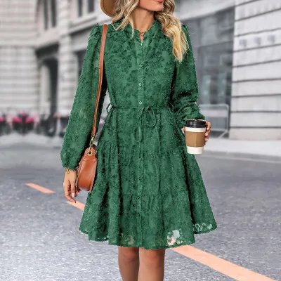 Women Elegant Solid Color Lace Long Sleeve Lace-Up Loose Dress