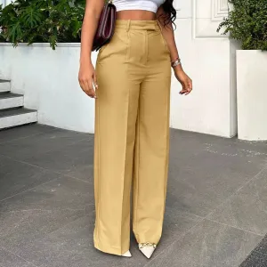 Women Fashion Casual Solid Color High Waist Straight Leg Pants