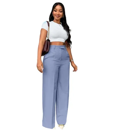 Women Fashion Casual Solid Color High Waist Straight Leg Pants