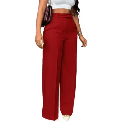Women Fashion Casual Solid Color High Waist Straight Leg Pants