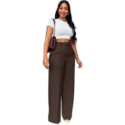 Women Fashion Casual Solid Color High Waist Straight Leg Pants