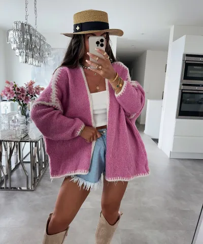 Women Autumn Winter Color Block Thick Long-Sleeve Knitted Cardigan Coat