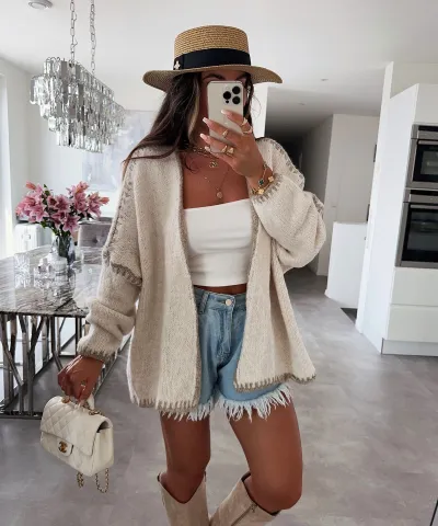 Women Autumn Winter Color Block Thick Long-Sleeve Knitted Cardigan Coat