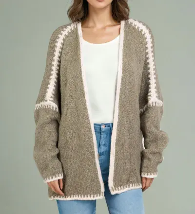 Women Autumn Winter Color Block Thick Long-Sleeve Knitted Cardigan Coat
