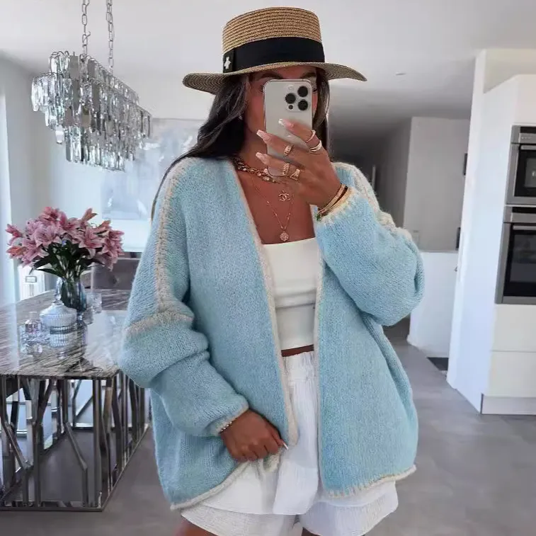 Women Autumn Winter Color Block Thick Long-Sleeve Knitted Cardigan Coat
