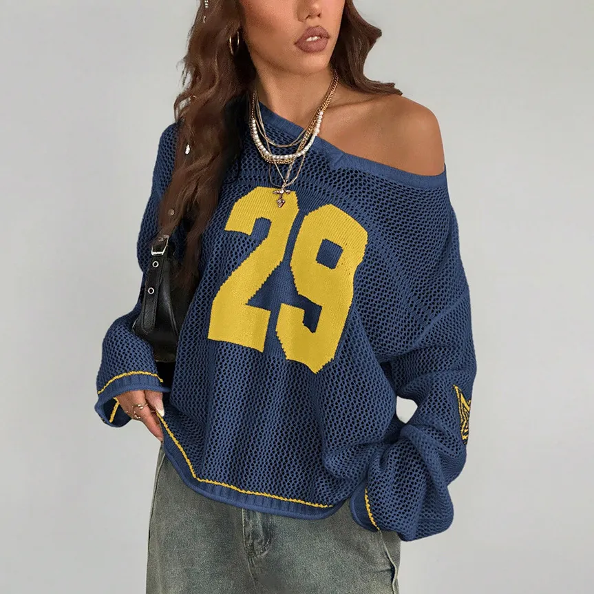 Women Casual Street Style Digital Printed V-Neck Long Sleeve Hollow-Out Knitwear