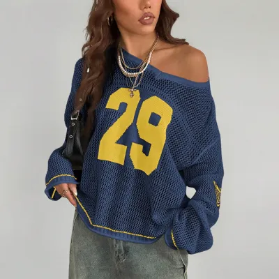 Women Fashion Casual Digital Printed V-Neck Long Sleeve Hollow-Out Knitwear