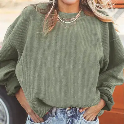 Women's Casual Loose Fit Polyester Sweatshirt - Solid Color Round Neck Long Sleeve for Autumn Winter