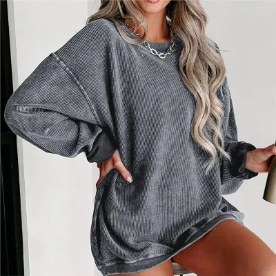 Women's Casual Loose Fit Polyester Sweatshirt - Solid Color Round Neck Long Sleeve for Autumn Winter