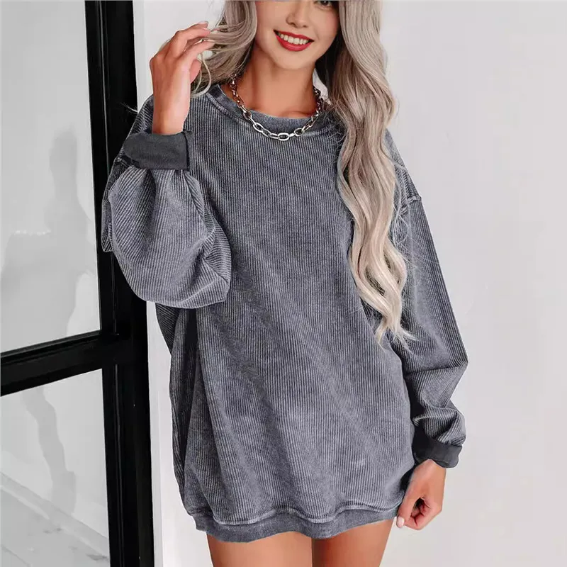 Women's Casual Loose Fit Polyester Sweatshirt - Solid Color Round Neck Long Sleeve for Autumn Winter