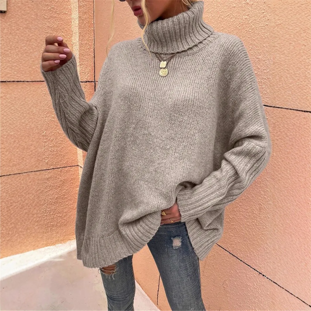 Women's Autumn Winter Solid Color Knitted Batwing Sleeve Loose Pullover Sweater